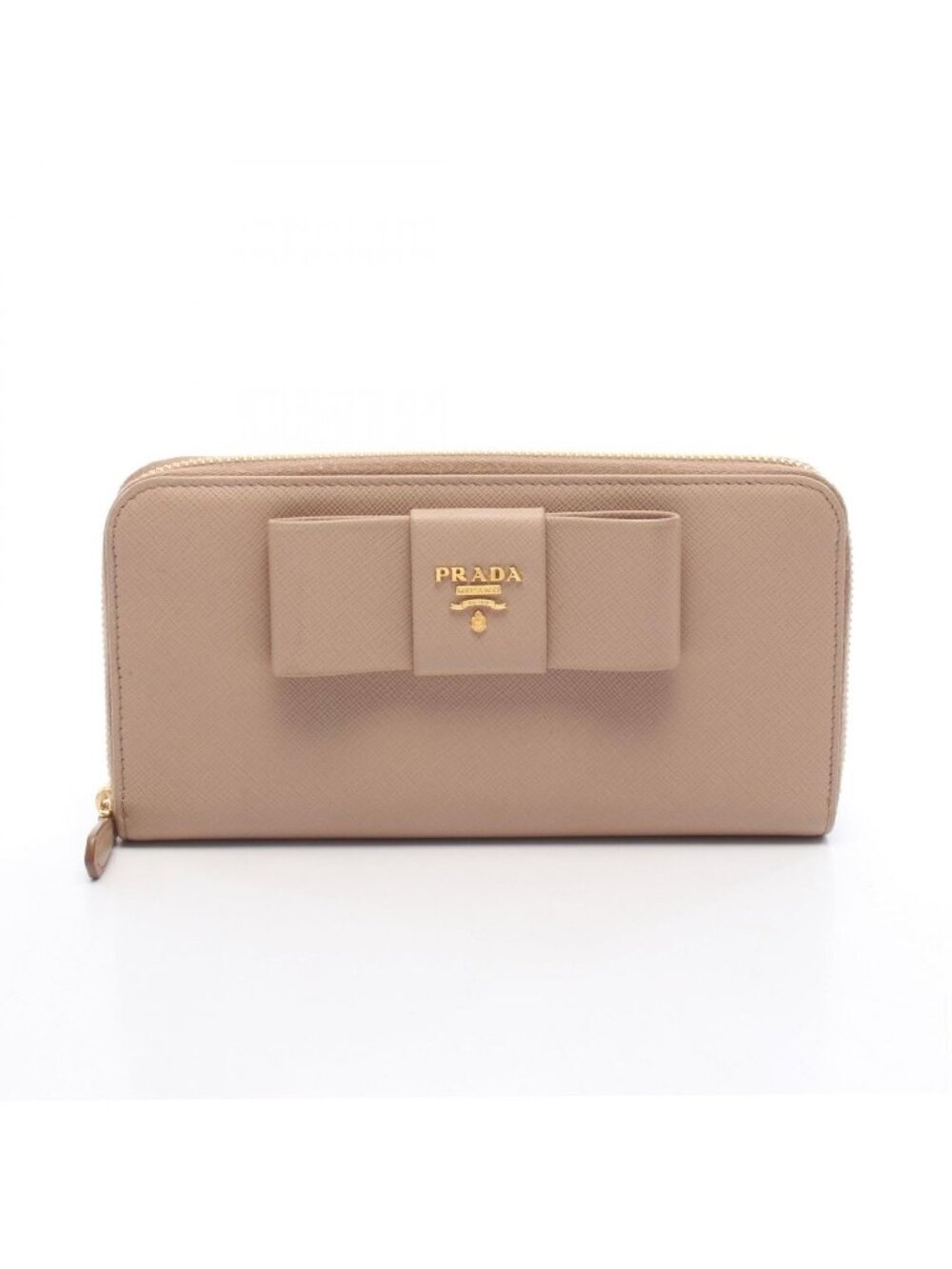 Prada Round Wallet Ribbon Beige Leather Metal Logo Motif